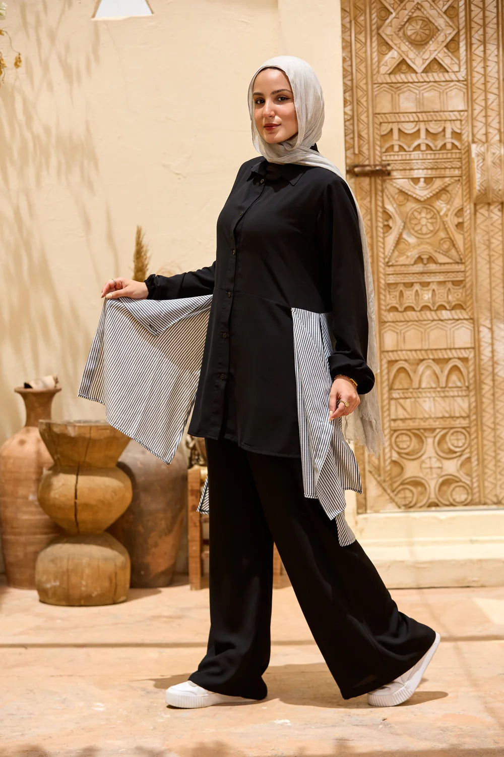 Layered Striped Top & Wide-Leg Trousers Co-ord Set