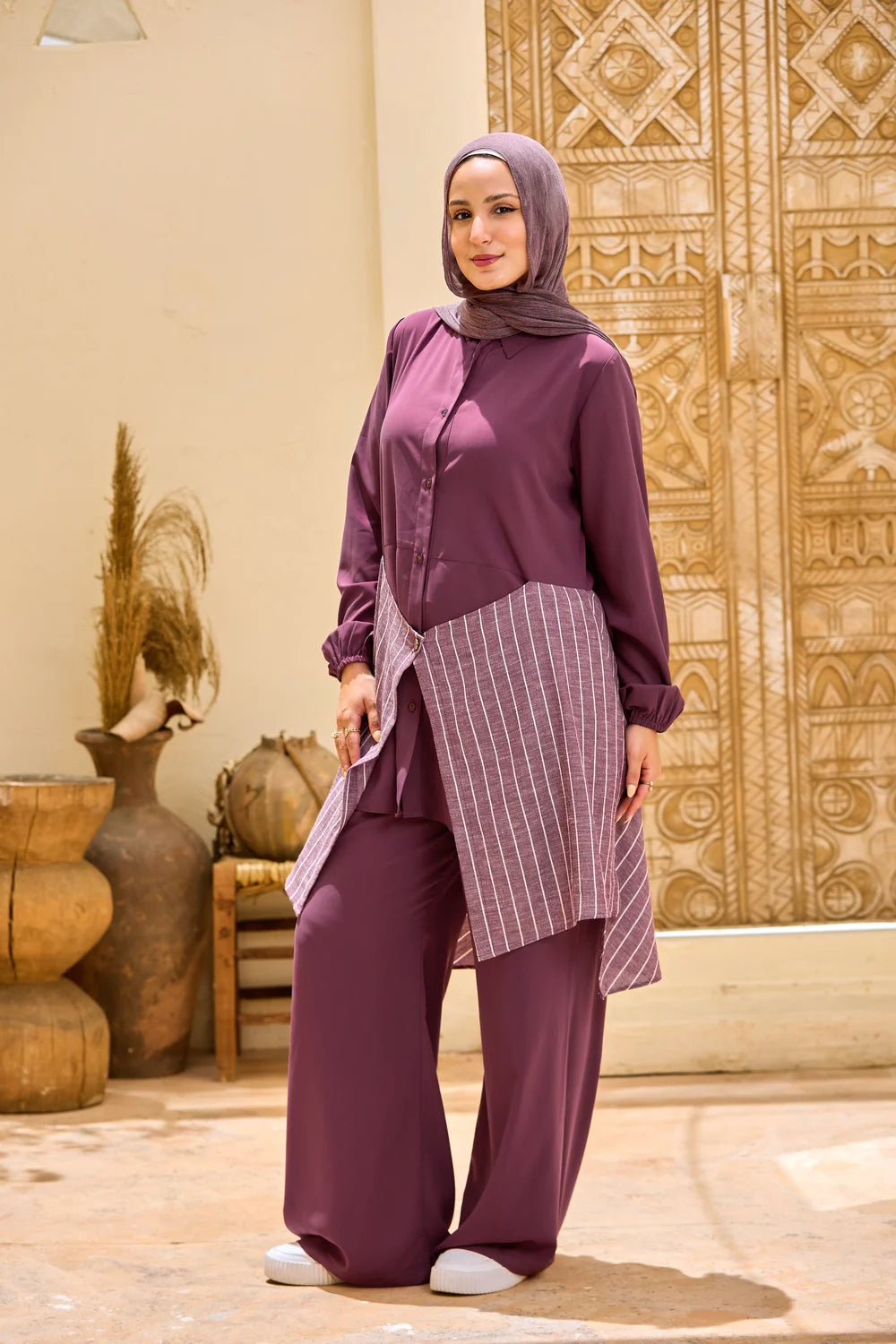 Layered Striped Top & Wide-Leg Trousers Co-ord Set