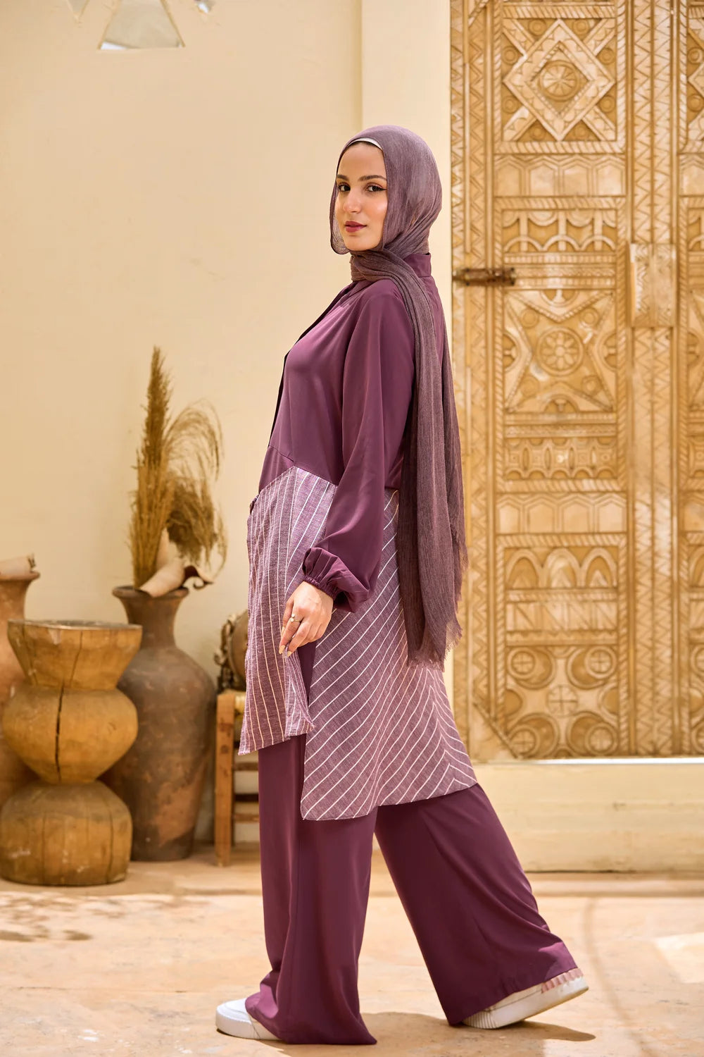 Layered Striped Top & Wide-Leg Trousers Co-ord Set