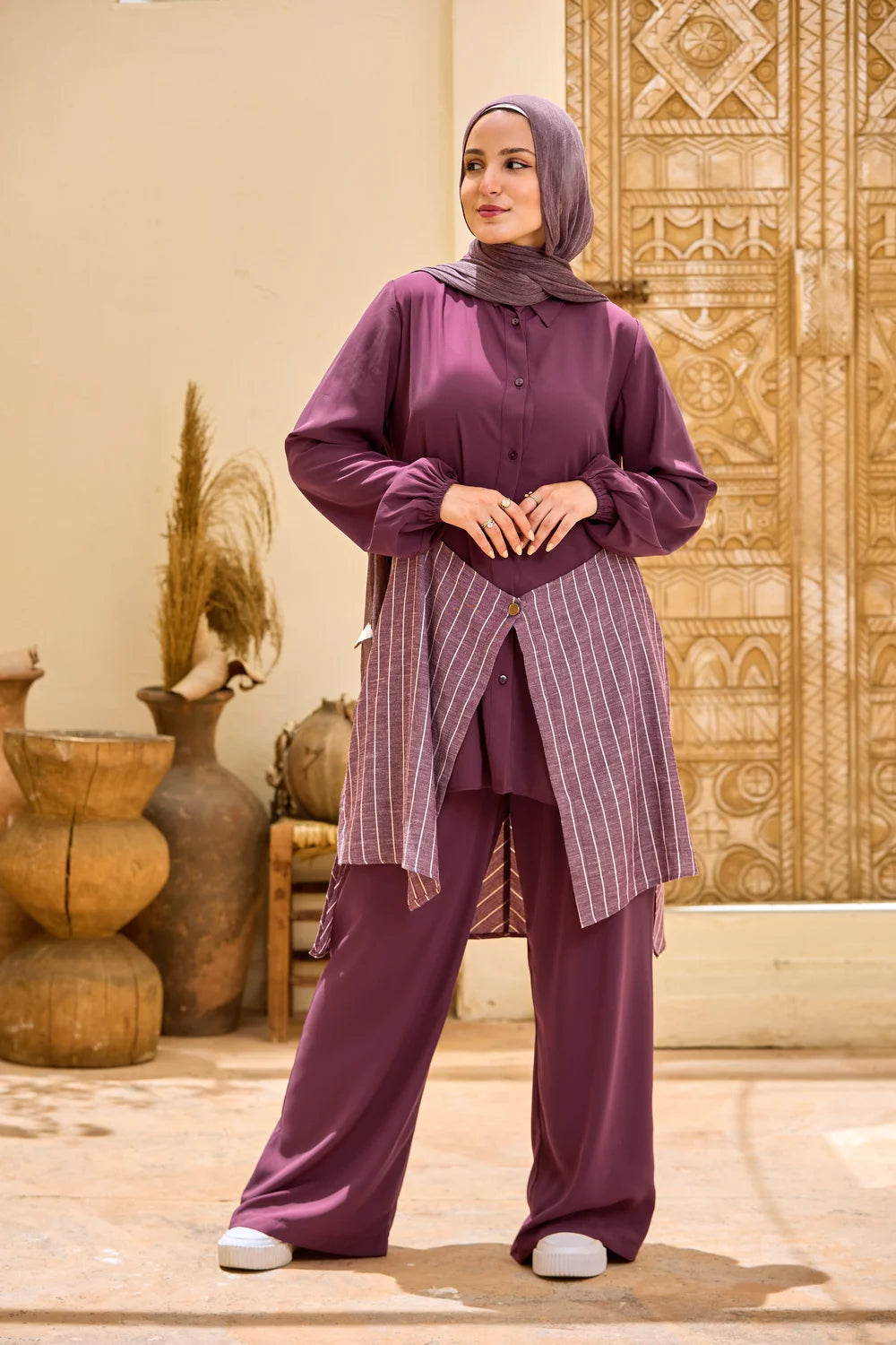 Layered Striped Top & Wide-Leg Trousers Co-ord Set