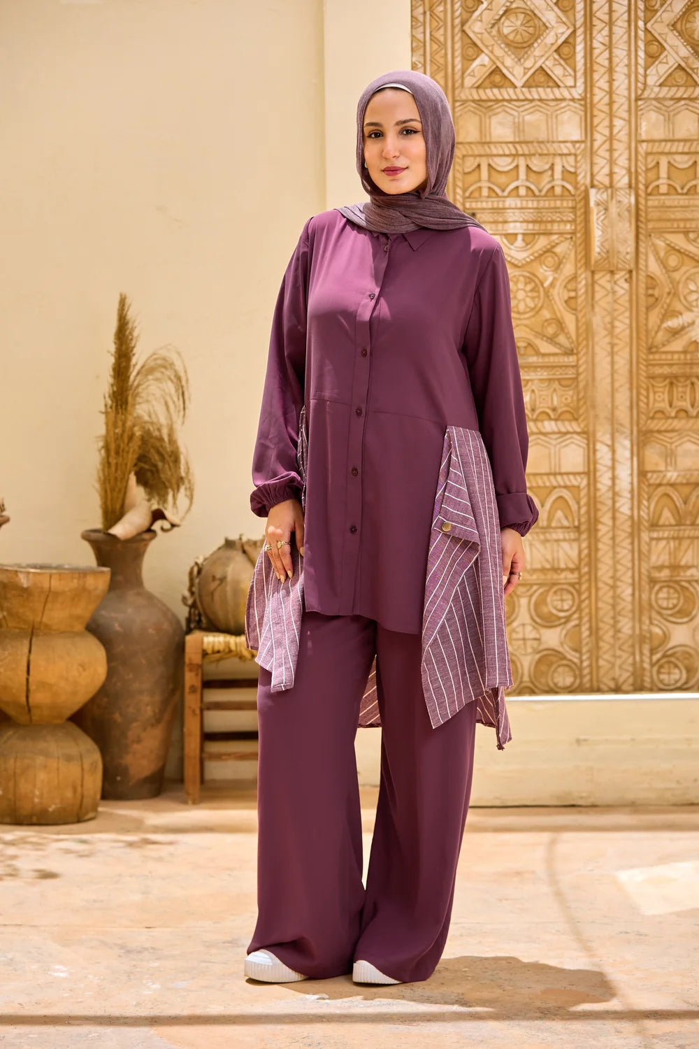 Layered Striped Top & Wide-Leg Trousers Co-ord Set