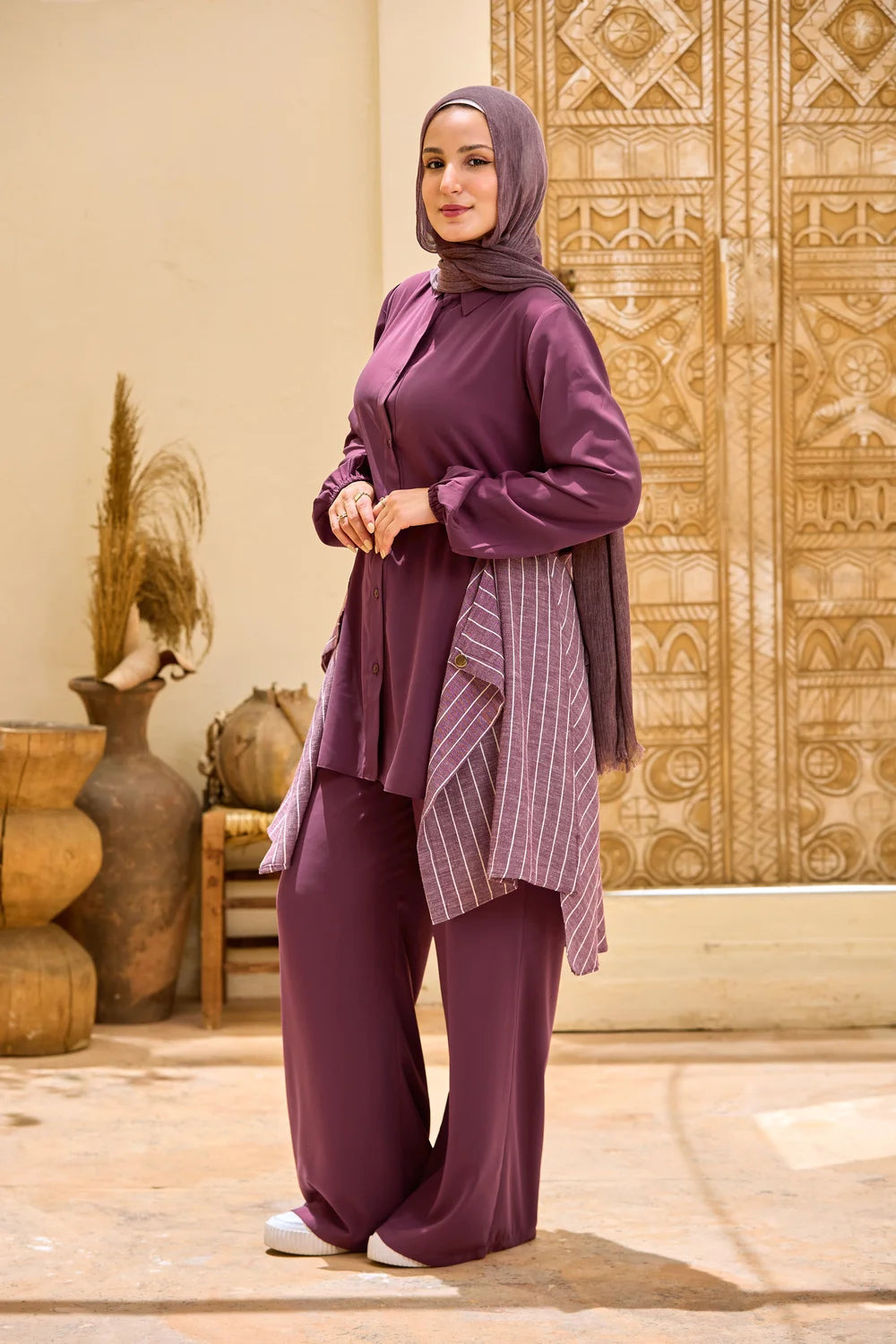 Layered Striped Top & Wide-Leg Trousers Co-ord Set