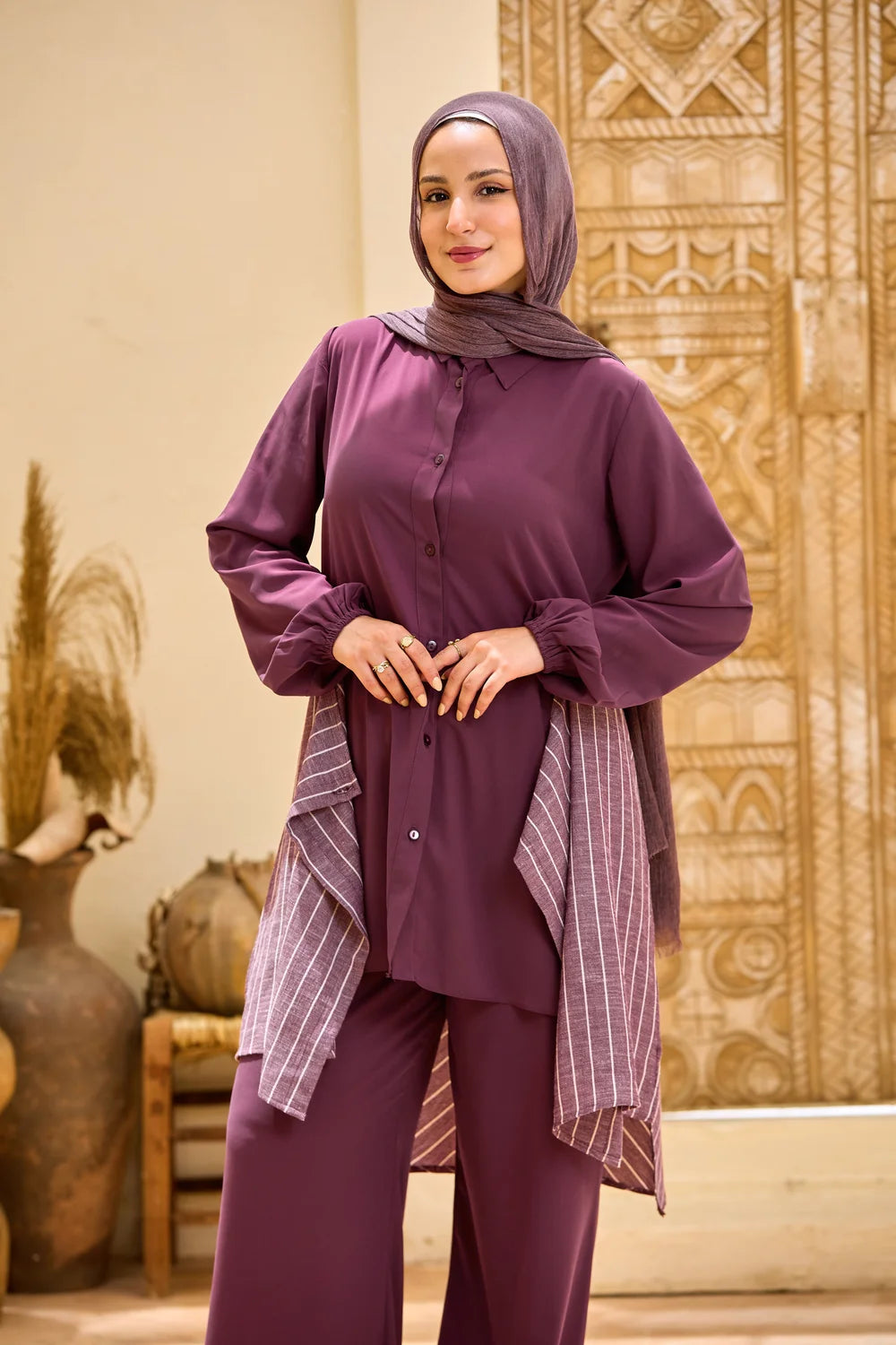 Layered Striped Top & Wide-Leg Trousers Co-ord Set