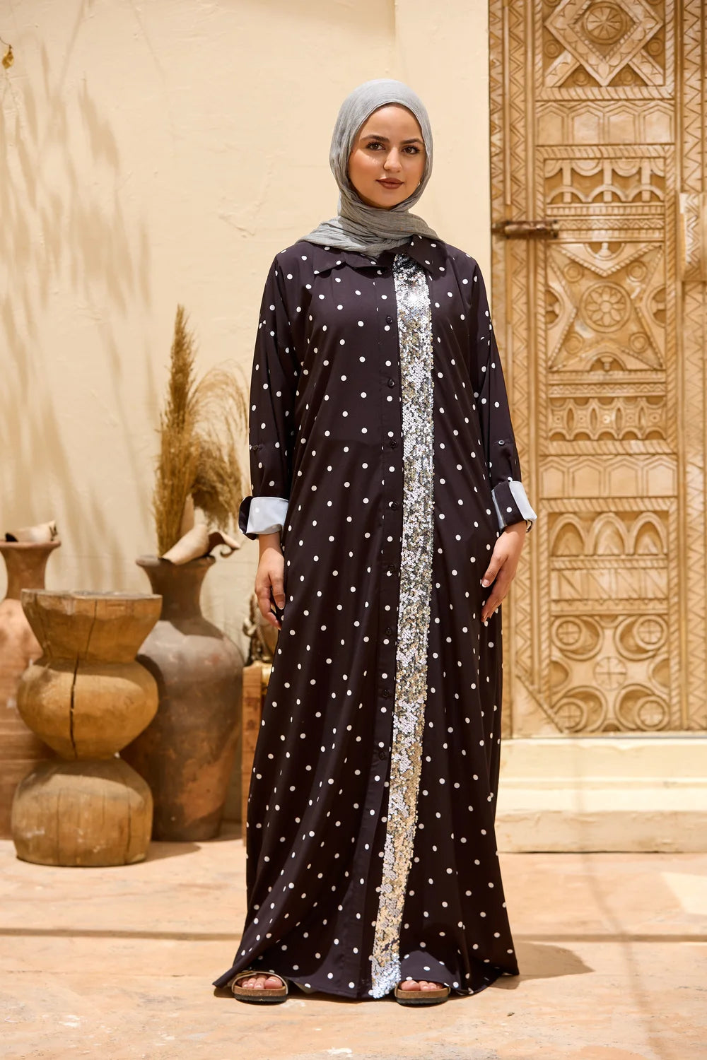 Polka Dot Maxi Shirt Dress with Sequin Front Panel