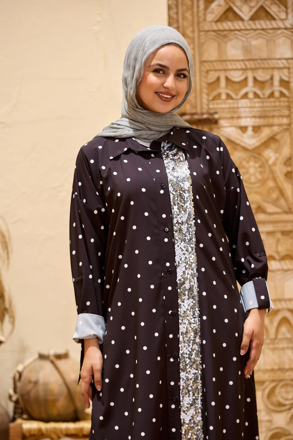 Polka Dot Maxi Shirt Dress with Sequin Front Panel