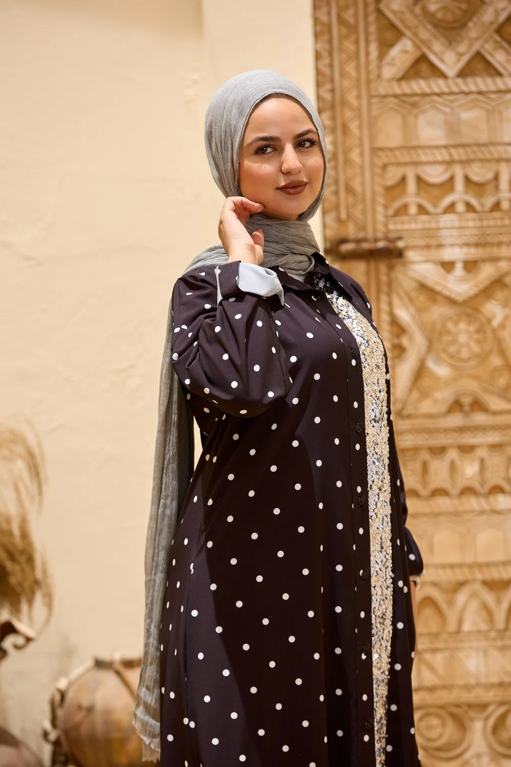 Polka Dot Maxi Shirt Dress with Sequin Front Panel