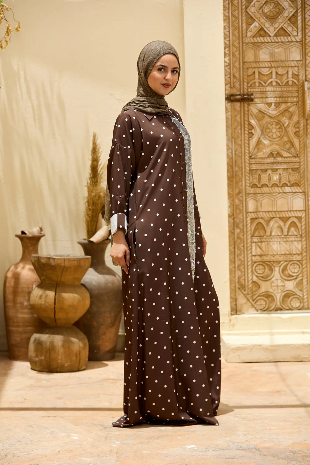 Polka Dot Maxi Shirt Dress with Sequin Front Panel