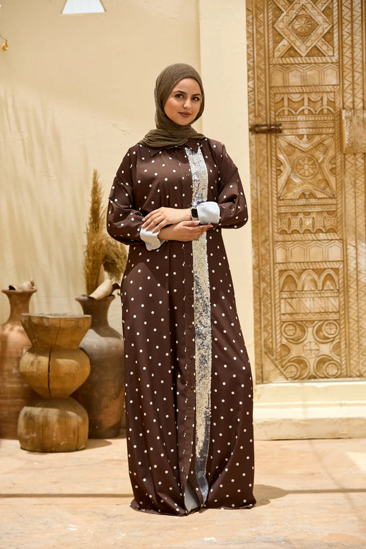 Polka Dot Maxi Shirt Dress with Sequin Front Panel