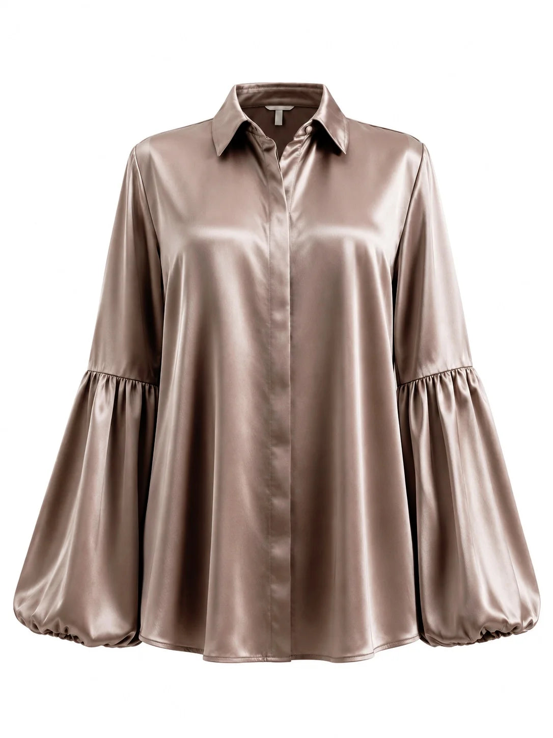 A long-sleeve satin blouse in a champagne beige color, featuring a pointed collar, button-down front, and dramatic gathered bell sleeves with elastic cuffs, shown against a plain white background.