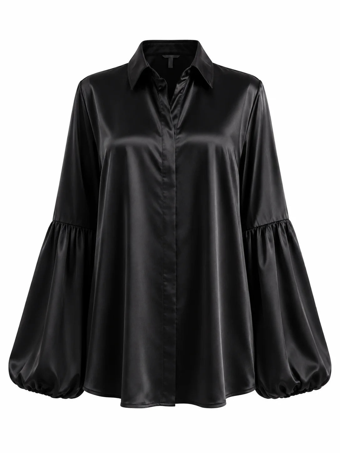 A black satin button-up shirt with dramatic balloon sleeves and gathered cuffs, shown against a plain white background.