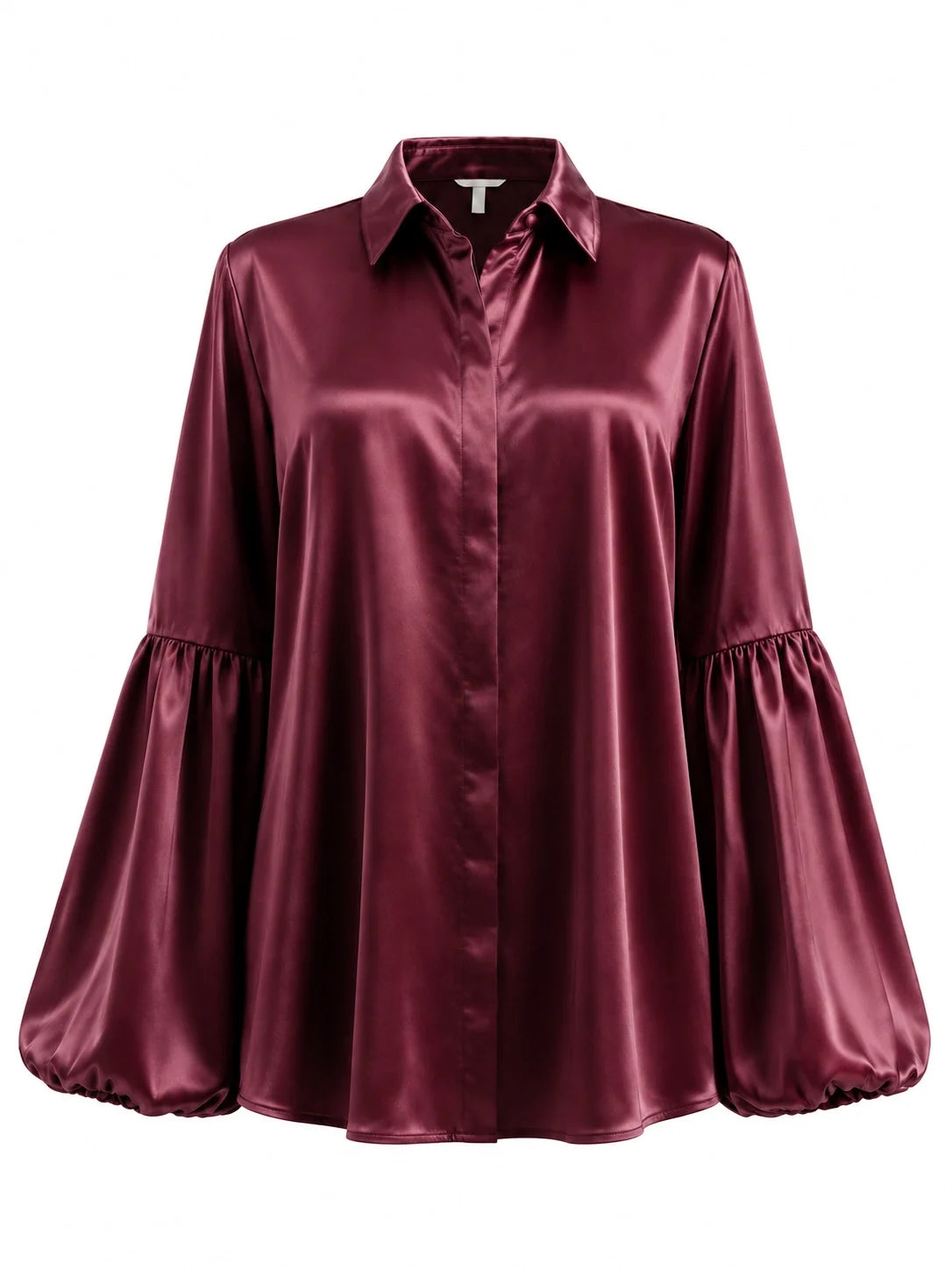 A long-sleeve satin blouse in a deep burgundy color, featuring a pointed collar, button-down front, and gathered flared bell sleeves, shown against a plain white background.