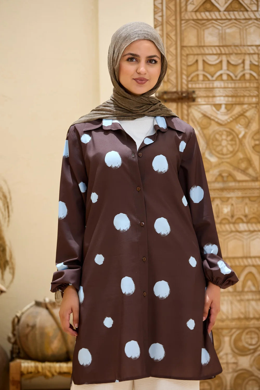 Polka Dot Long Shirt Tunic with Puff Sleeves