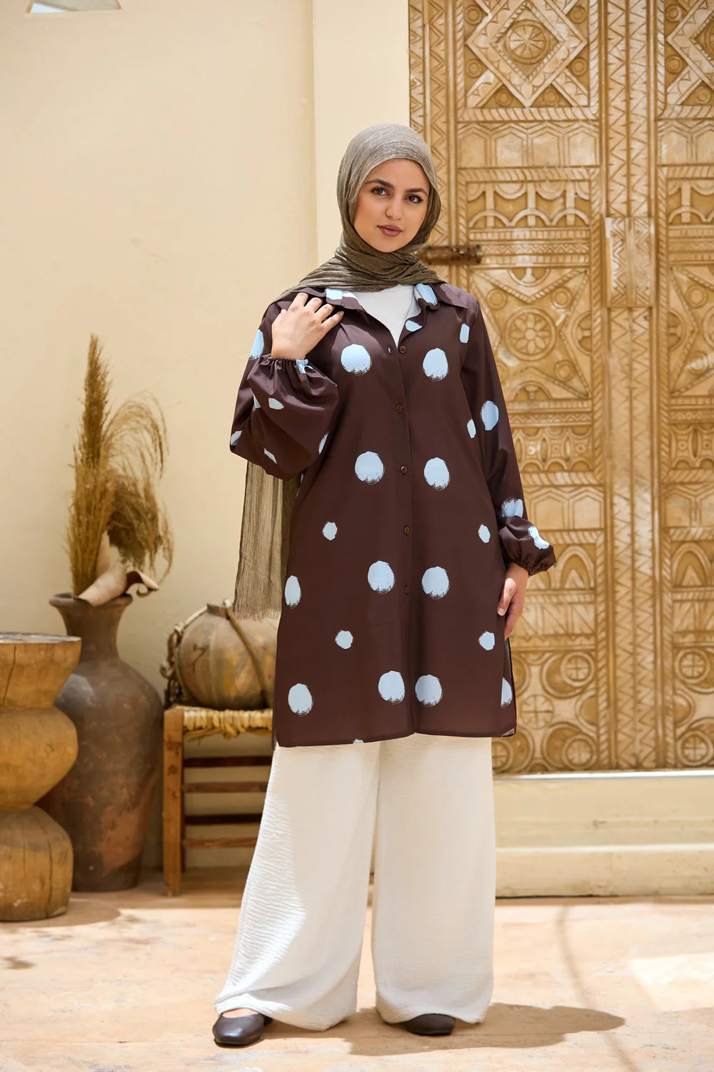 Polka Dot Long Shirt Tunic with Puff Sleeves