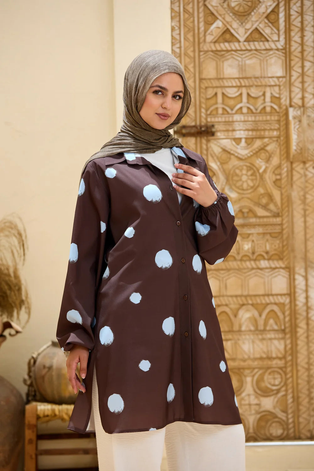 Polka Dot Long Shirt Tunic with Puff Sleeves