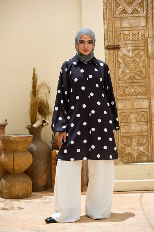 Polka Dot Long Shirt Tunic with Puff Sleeves