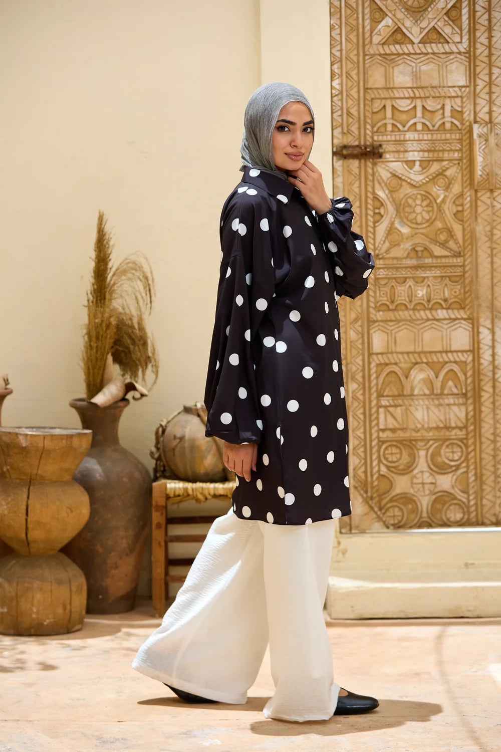 Polka Dot Long Shirt Tunic with Puff Sleeves