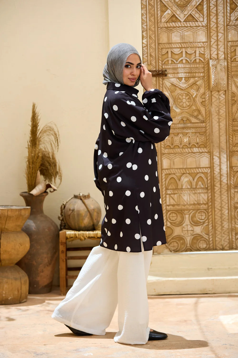 Polka Dot Long Shirt Tunic with Puff Sleeves