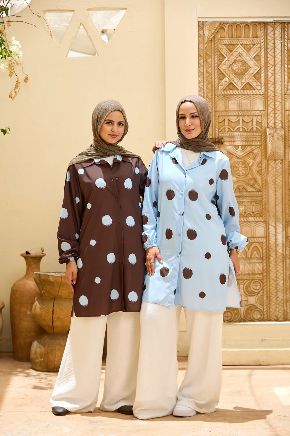 Polka Dot Long Shirt Tunic with Puff Sleeves