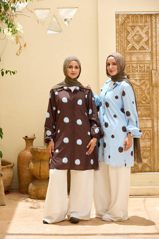 Polka Dot Long Shirt Tunic with Puff Sleeves