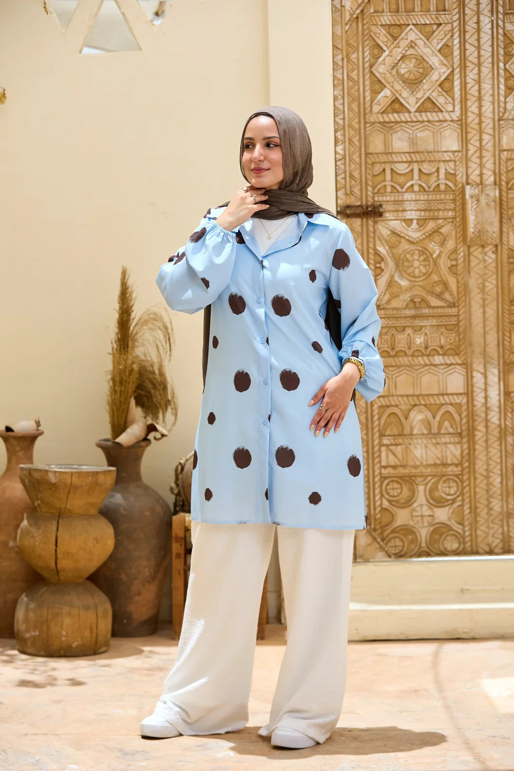 Polka Dot Long Shirt Tunic with Puff Sleeves