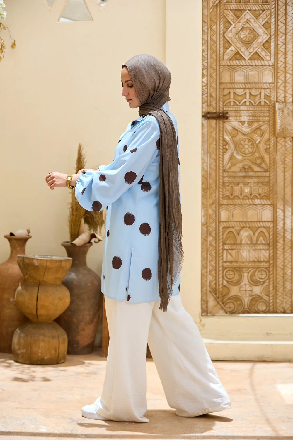 Polka Dot Long Shirt Tunic with Puff Sleeves