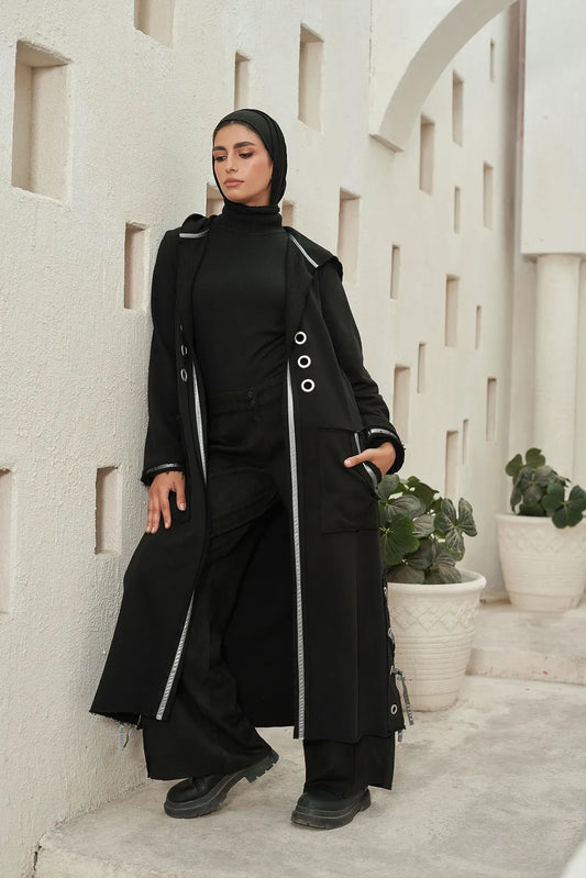 Women’s modest stylish black corsage cardigan – summer melton with waterproof leather strap – front view on model.