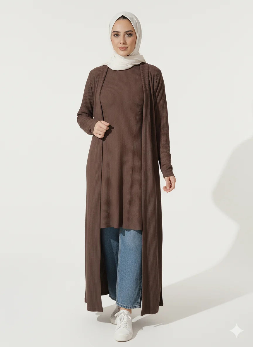Women’s modest high rib knitted brown cardigan with long sleeves – Lektara