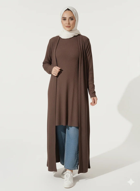 Women’s modest high rib knitted brown cardigan with long sleeves – Lektara