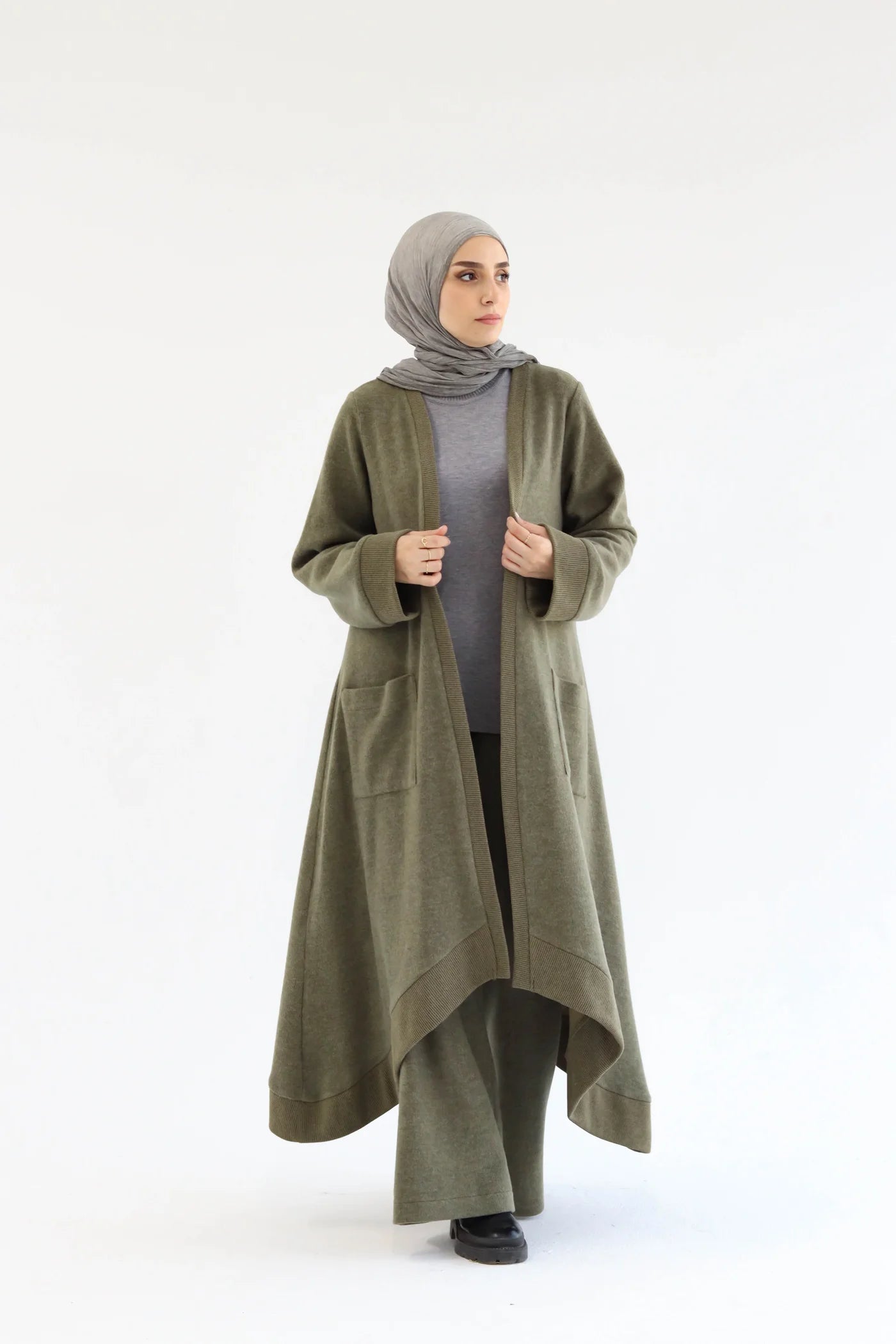 Olive green cardigan set with open-front long cardigan and wide pants, front full-length view.