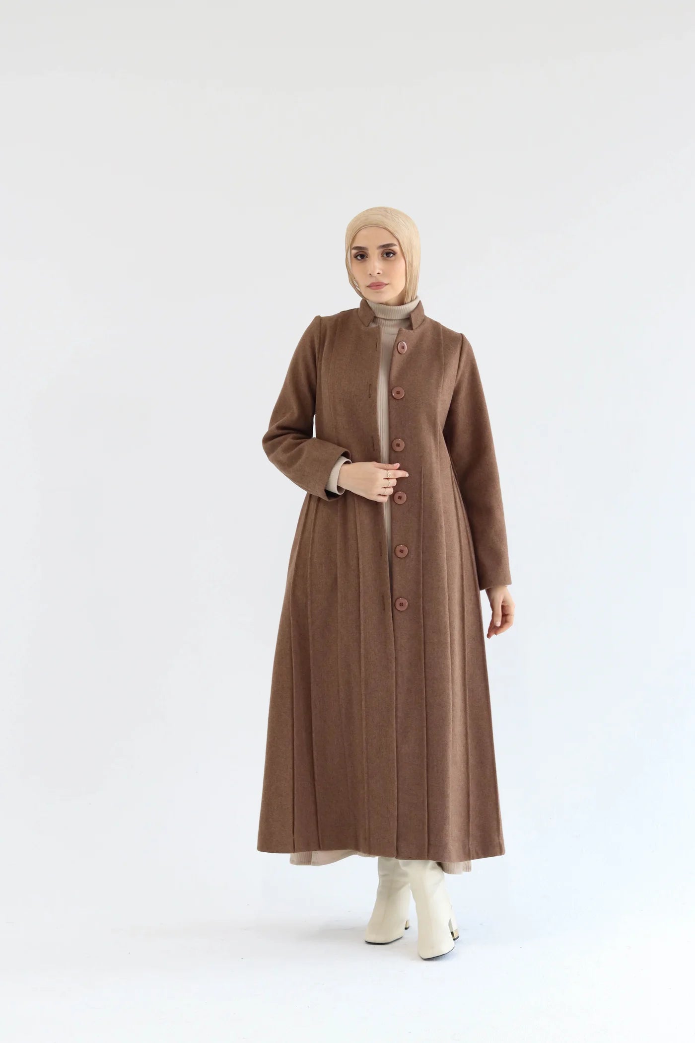  Women’s modest elegant long coat – mocha lycra wool – front view on model.