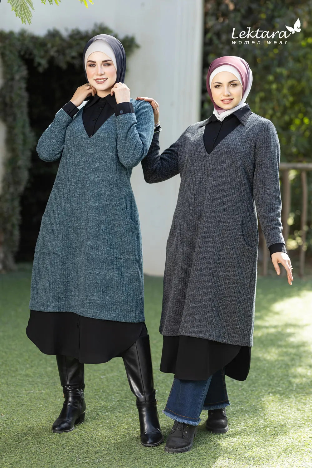 Women's Elegant long dress shirts in gray and petrol blue – wool-lycra – two models front view