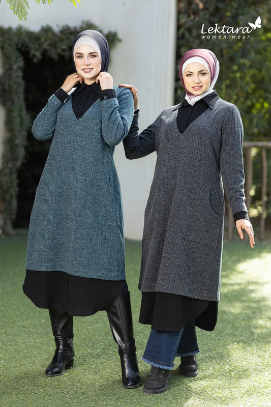 Women's Elegant long dress shirts in gray and petrol blue – wool-lycra – two models front view