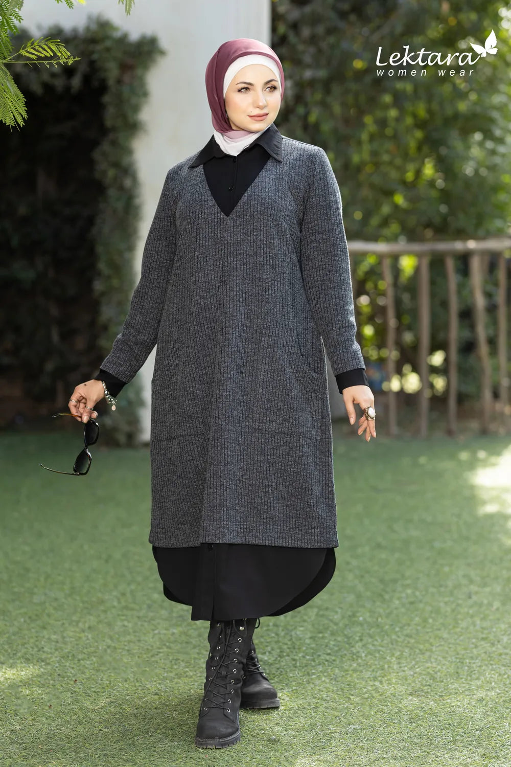 Women's Elegant long dress shirt in gray – front view