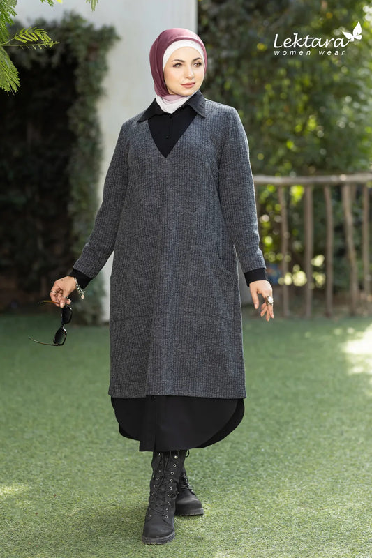 Women's Elegant long dress shirt in gray – front view