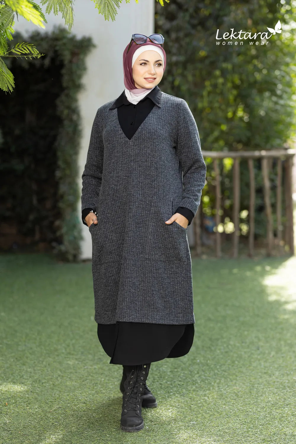 Women's Elegant long dress shirt in gray – front view