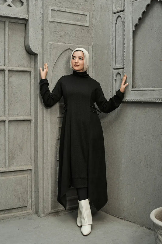 Black knitware dress full-length front view with long sleeves