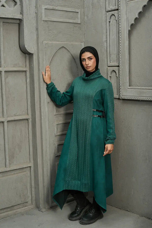 Green knitware dress full-length front view showing modest silhouette