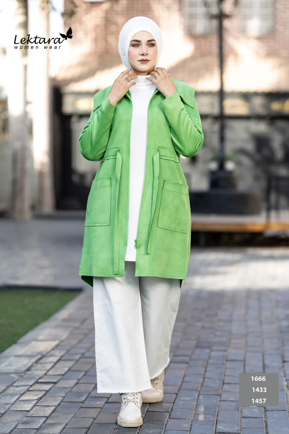 Women's Suede short jacket in green – front view on model