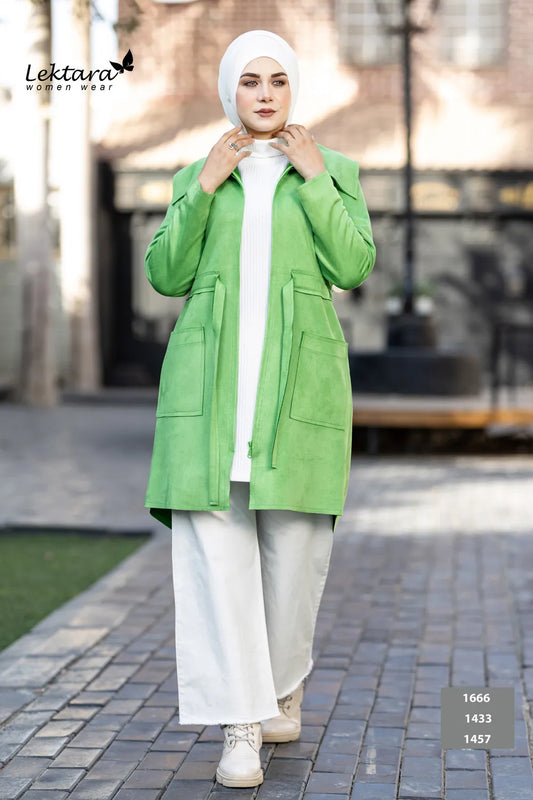 Women's Suede short jacket in green – front view on model