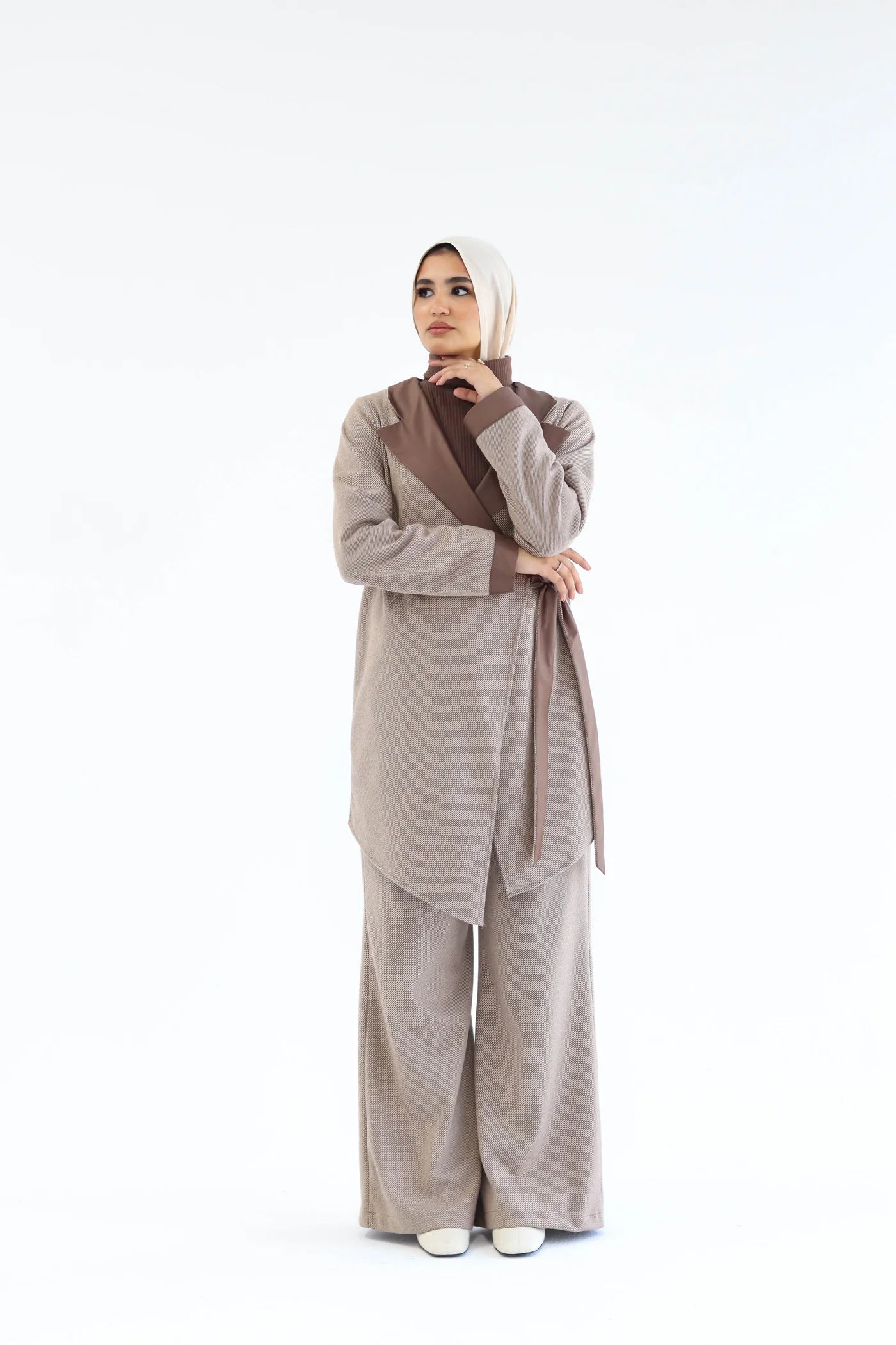 Women’s modest elegant two-piece wrap set – café lycra wool – front view